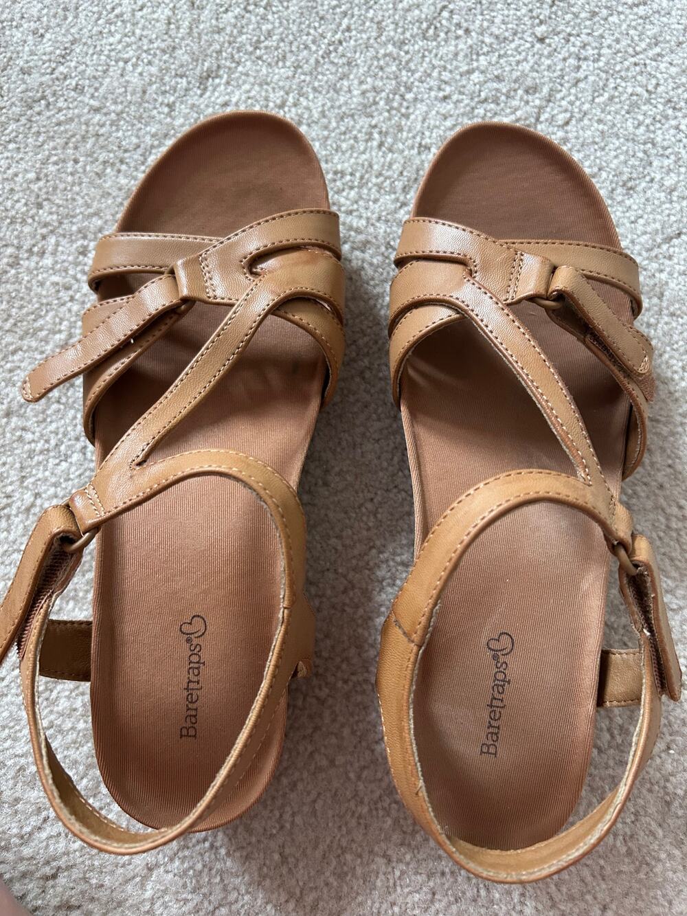 Baretraps Jaxen sandals tan strappy wedge adjustable closure